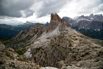 View from the ascent of Nuvolau on the Forcella Nuvolau and the Mt. Averau, Nuvolau Mountain Group