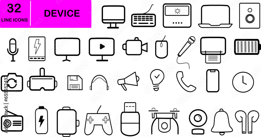 Poster set of 32 electronic devices icons in outline style. replaceable vector design