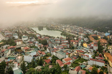 Aerial view of Sapa town center, Lao Cai , Vietnam