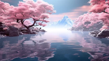 Photo sur Plexiglas Mont Fuji blooming cherry blossom on the water. colorful autumn season and mountain