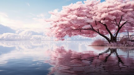blooming cherry blossom on the water. colorful autumn season and mountain