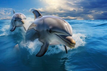 beautiful dolphin leaping jumping from shining sunset sea water surface
