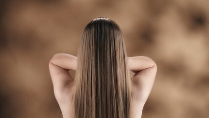 In the frame, a young woman with long, straight, blonde hair stands against a blotchy background. She stands with her back to the camera, fixing her hair with both hands.