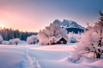 winter landscape with snow covered trees (baby pink atmosphere). AI-Generated