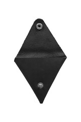 Black triangular homemade genuine leather coin box isolated on transparent background is open.