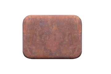 Rusty metal rectangular hatch cover with rounded edges is isolated on transparent background.