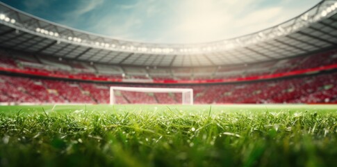 Lawn in the soccer stadium. Football stadium with lights. Grass close up in sports arena - background. - obrazy, fototapety, plakaty