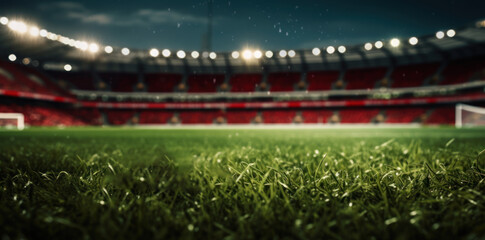 Lawn in the soccer stadium. Football stadium with lights. Grass close up in sports arena -...