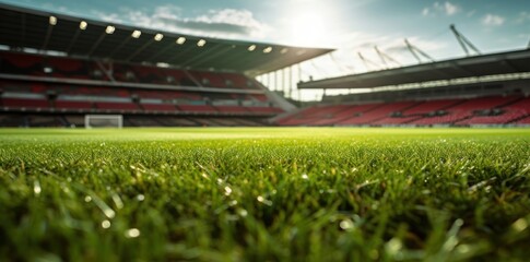 Lawn in the soccer stadium. Football stadium with lights. Grass close up in sports arena - background. - obrazy, fototapety, plakaty