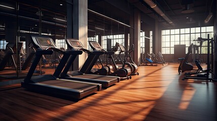 interior of a gym with treadmills and other equipment with wooden floor - Powered by Adobe