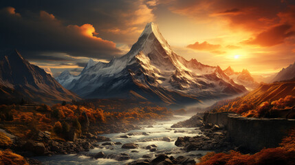 A breathtaking mountain peak bathed in golden sunlight, inspiring awe and a sense of adventure.