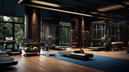 interior of a gym with treadmills and other equipment with wooden floor