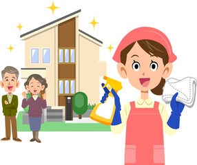 ピカピカの一軒家の前で清掃用具を持つエプロンをつけた女性とシニア夫婦
