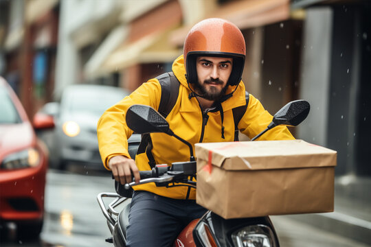 A man carries a box on a motorcycle