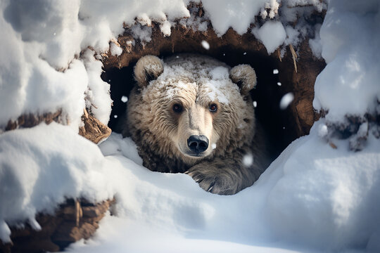 Generative AI Image of Bear in a Cave with White Snow in Winter Season