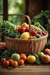 Fototapeta na wymiar A colorful assortment of fresh fruits and vegetables in a wicker basket