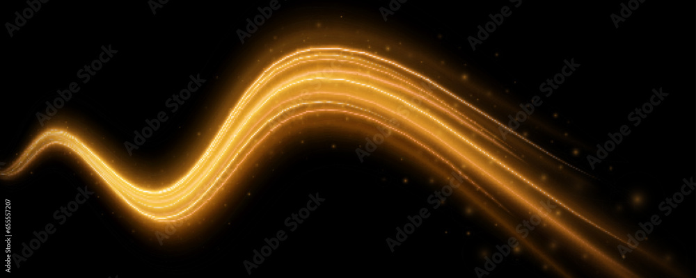 Poster glowing wavy trail with flying particles on black background. golden luminous neon shape wave with d