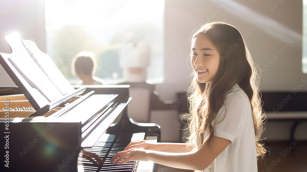 Wall mural Cute little girl playing piano in living room, practicing learning piano at home