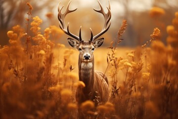 Red deer with big antlers stands in field in autumn time nature.