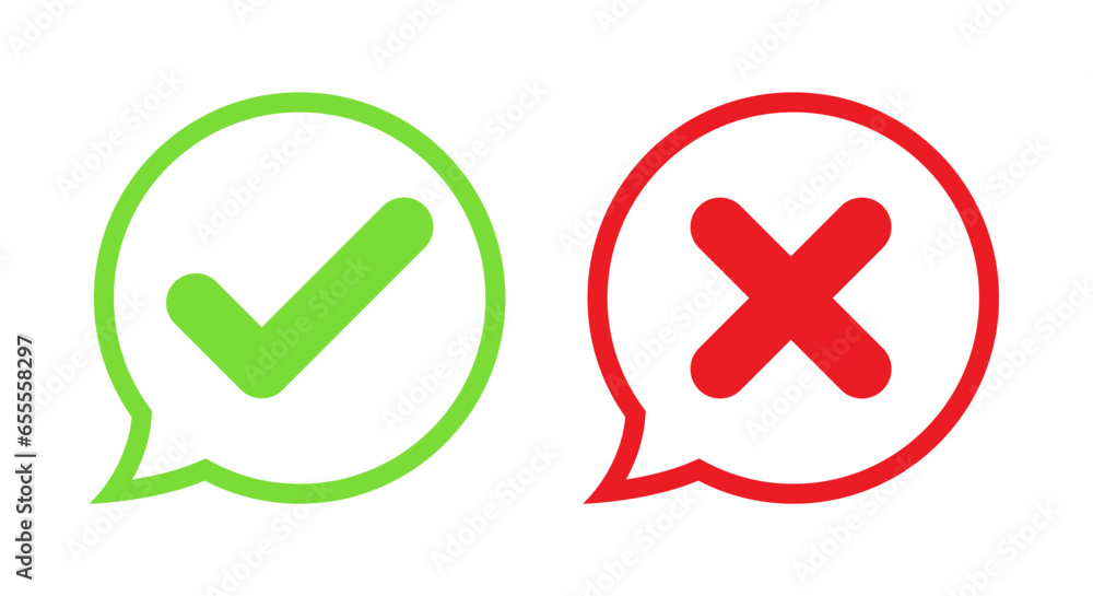 Poster check and x cross icon vector in speech bubble line. approve and reject sign symbol