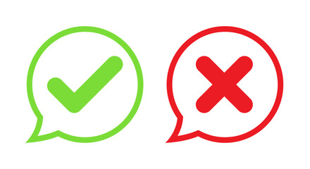 Check and x cross icon vector in speech bubble line. Approve and reject sign symbol - obrazy, fototapety, plakaty