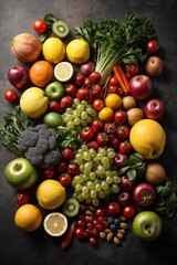 A colorful assortment of fresh fruits and vegetables on a wooden table