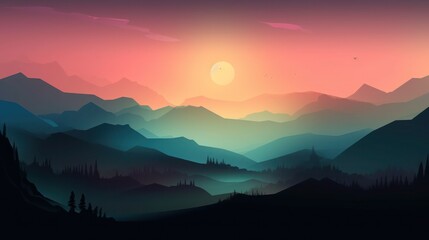 Picturesque depiction of mountains and river at sunset