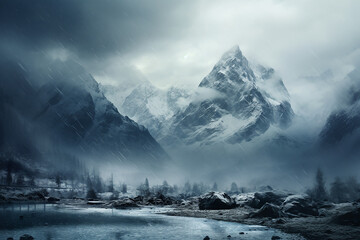Nature View of Rocky Mountains with Lake During Snowstorm AI Generative
