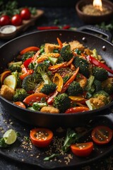A colorful vegetable stir-fry in a skillet on a rustic wooden table