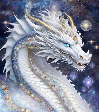 Beautiful white dragon adorned with gemstones, 白龍, 龍神, 龍, illustration art, Generative AI