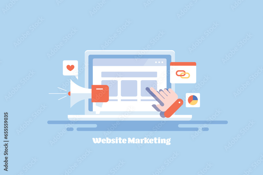 Poster click on web page, digital marketing seo and social media strategy driving web traffic to target web