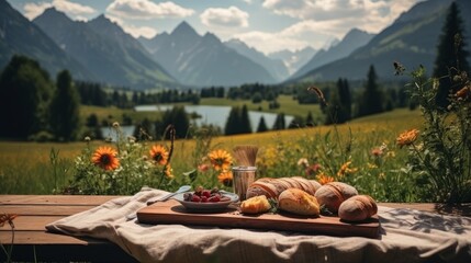 Romantic picnic in front of a mountain backdrop. Delicious food and drink outdoors at picnic on a sunny day.