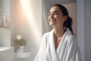a beautiful woman smiling in the bathroom wearing white robe - obrazy, fototapety, plakaty