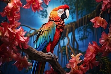 bird macaw stands on a branch in front of some flowers