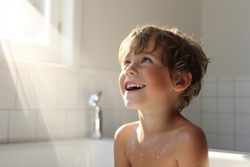 Smiling boy taking a shower in a white bathroom - obrazy, fototapety, plakaty
