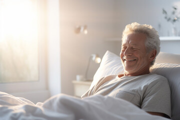 Elderly man happily wakes up in white bedroom - obrazy, fototapety, plakaty