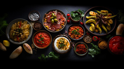Fototapeta na wymiar Tapas from spain varied mix of most popular tapa mediterranean food on dark background, top view