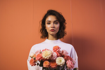 a beautiful lady with flowers standing in front of a brightly colored wall