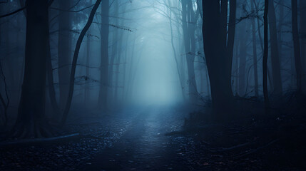 Fototapeta premium Mysterious forest pathway with a blue-toned atmosphere, pathway between trees leading into a dark and misty forest. Halloween backdrop.