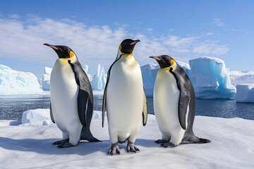 Three chinstrap penguins (Pygoscelis antarctica) in the snow