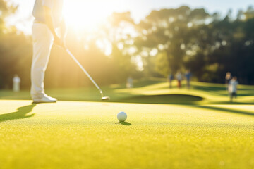 a person putting in a golf ball into the hole in the daytime on a blurred background