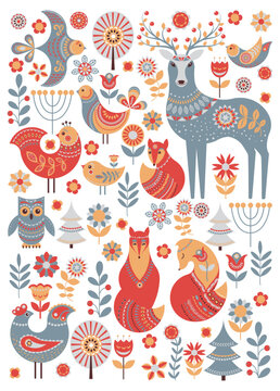 Cute animals and birds in a fairy forest. Deer, owl, foxes, birds, flowers, spruce. Poster, postcard. A set of characters and decorative elements.