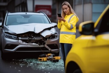 Young female Insurance officer Use your phone to take photos of a car that was in an accident ,Generative AI. - obrazy, fototapety, plakaty