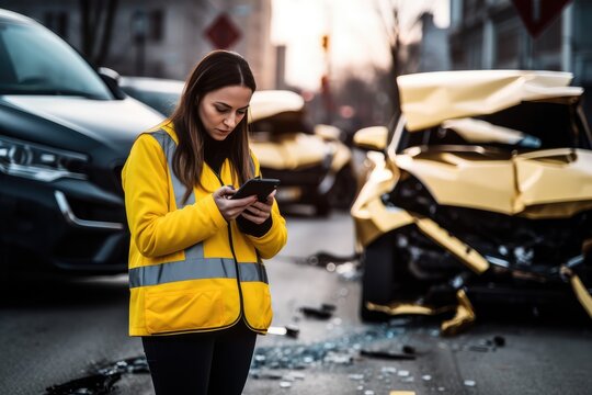 Young female Insurance officer Use your phone to take photos of a car that was in an accident ,Generative AI.