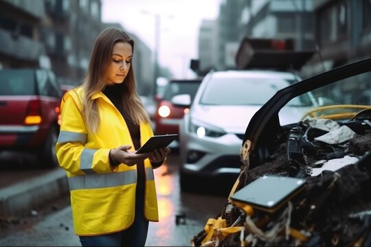 Young female Insurance officer Use a tablet to take photos and Keep a record of the car that was involved in an accident. Auto accident involving two cars on a city street ,Generative AI.