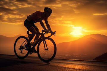 a man riding a bicycle on a road at sunset