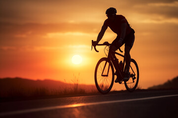 Obraz premium a man riding a bicycle on a road at sunset