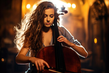 woman playing cello - obrazy, fototapety, plakaty