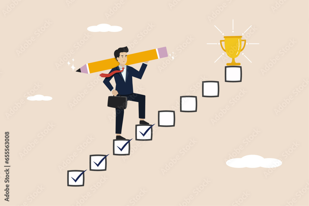 Poster project management, work progress or tracking completed tasks, productivity concept, businessman pro
