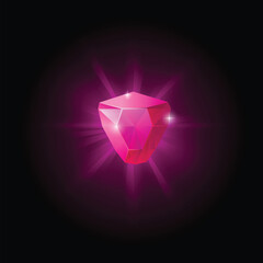 Crystal pink shining game gem, vector illustration isolated on black.